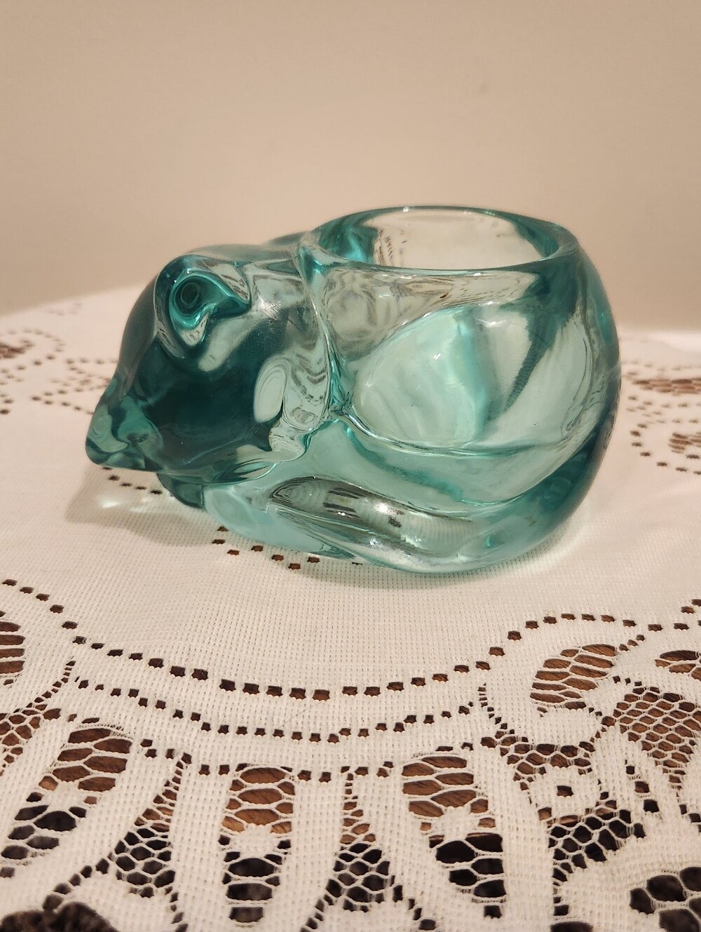 Indiana Glass Aqua/Teal Candle Lane Critters Sleeping Cat Candle Holder #3896